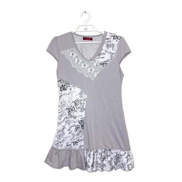 SYLC CAMISA Women's‎ Gray Patchwork Lace Ruffle Dress Art To Wear Boho Y2K Sz L - Picture 1 of 6
